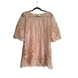 Simply‎ Couture Sz XL Peach Laced 3/4 Sleeve Tunic Top Shirt Dress Lace Tops